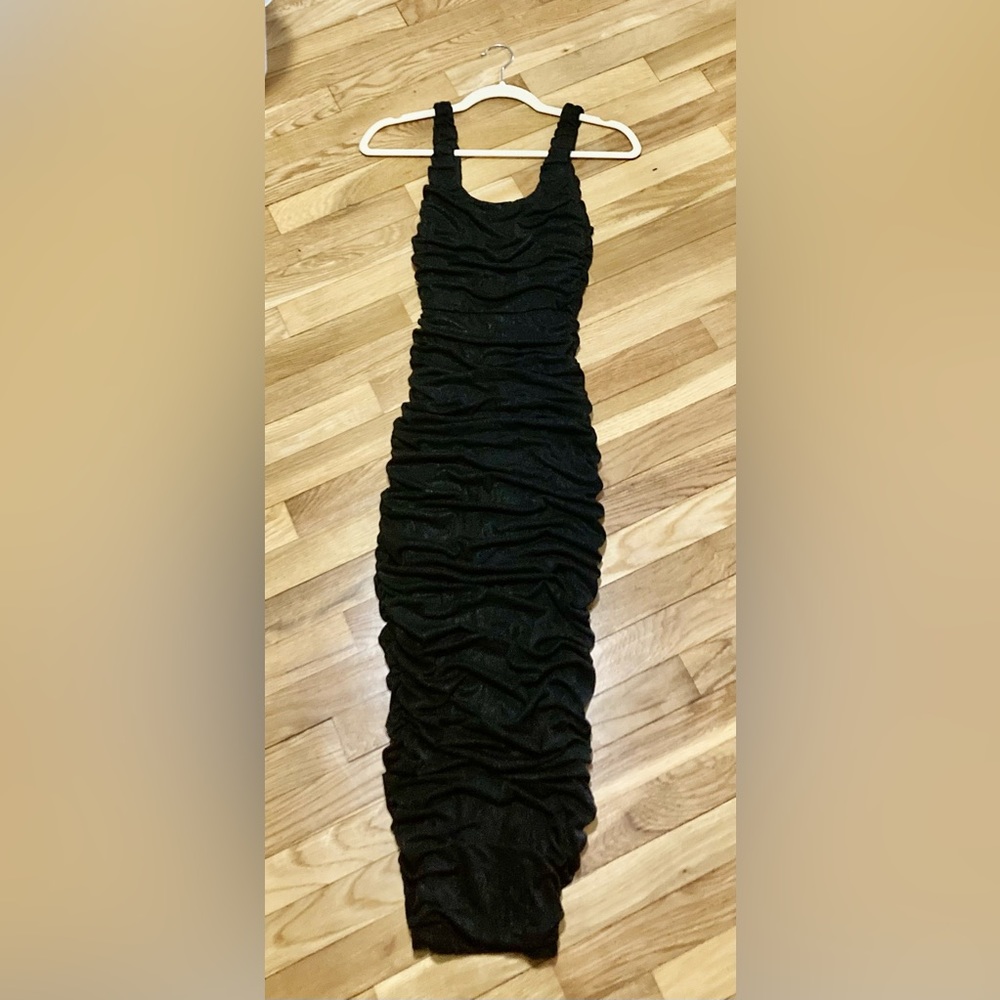 Alice and Olivia long black dress with ruching throughout entire dress.